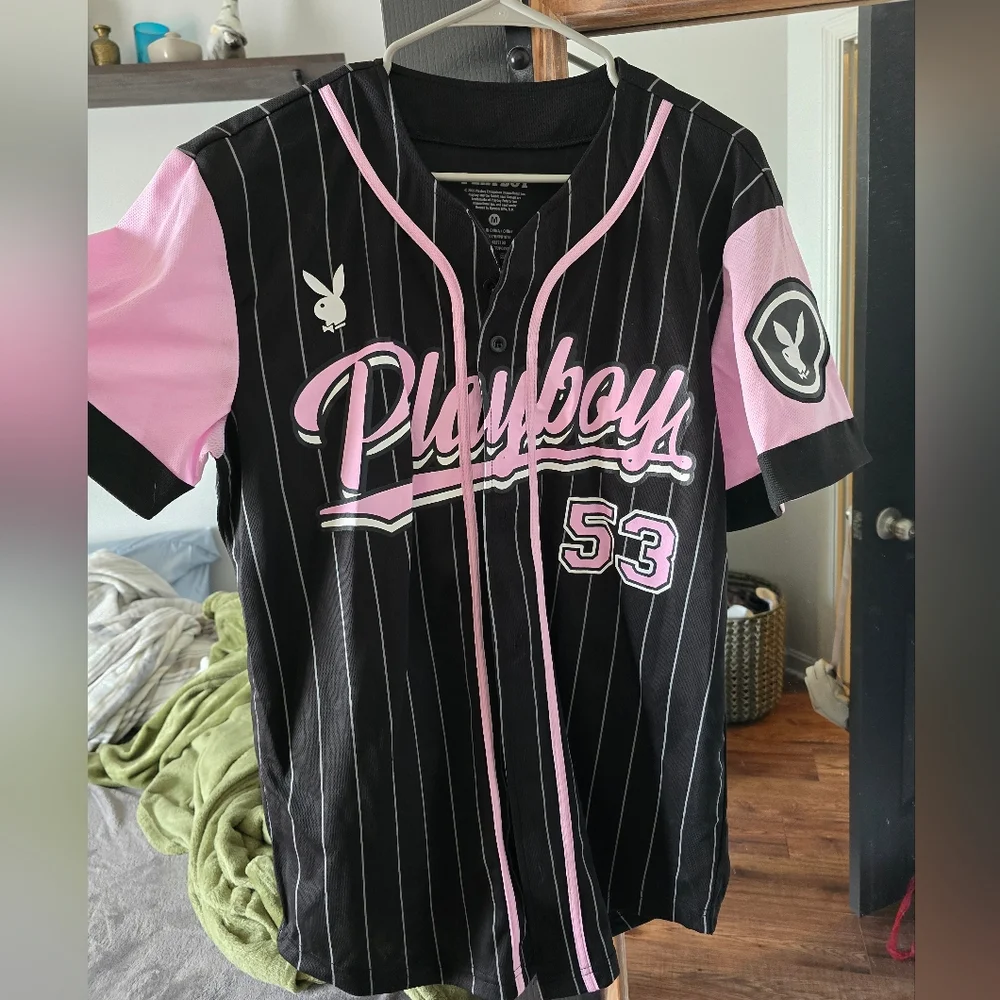 PLAYBOY Black and Pink Pinstripe Baseball Jersey - Picture 2 of 7